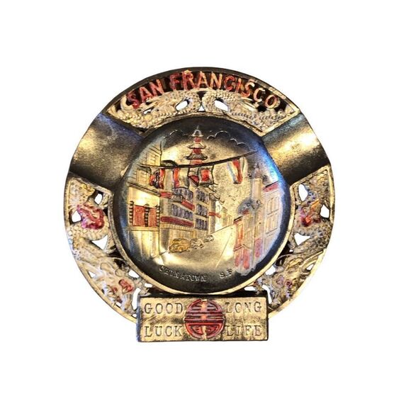 Vintage San Francisco Tin Plate Embossed Ashtray Catch All Americana Kitsch Deco - Picture 12 of 16